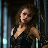 a beautiful young woman in a black lace dress generative ai photo