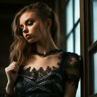 a beautiful young woman in a black lace dress generative ai photo