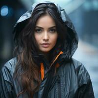 a beautiful young woman in a black raincoat generative ai photo