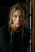 a beautiful young woman in a black sweater leaning against a window generative ai photo