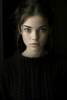un hermosa joven mujer en un negro suéter generativo ai foto