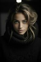 a beautiful young woman in a black sweater generative ai photo