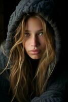 a beautiful young woman in a gray hoodie generative ai photo