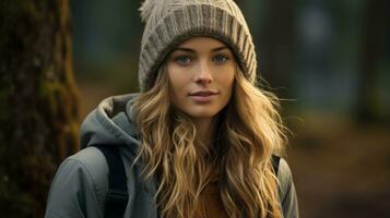 a beautiful young woman in a gray jacket and beanie standing in the woods generative ai photo