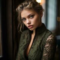 a beautiful young woman in a green dress looking at the camera generative ai photo