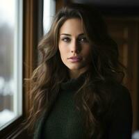 a beautiful young woman in a green sweater looking out the window generative ai photo