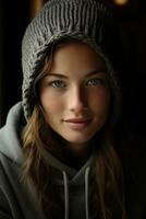 a beautiful young woman in a grey hoodie generative ai photo