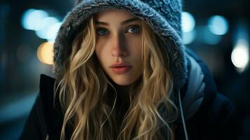 a beautiful young woman in a hooded jacket generative ai photo