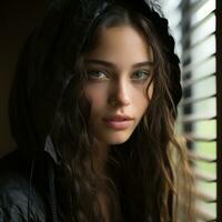 a beautiful young woman in a hooded jacket looking out the window generative ai photo