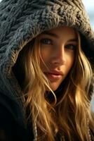 a beautiful young woman in a hooded jacket generative ai photo