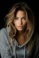 a beautiful young woman in a grey hoodie generative ai photo