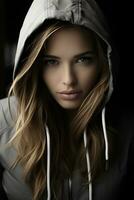 a beautiful young woman in a hoodie generative ai photo