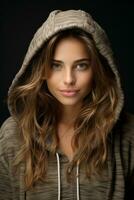 a beautiful young woman in a hoodie generative ai photo