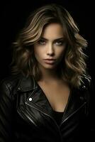 a beautiful young woman in a leather jacket generative ai photo