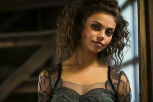 a beautiful young woman in a lace dress standing in front of a window generative ai photo