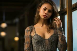 a beautiful young woman in a lace dress generative ai photo
