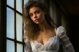 a beautiful young woman in a white dress leaning against a window generative ai photo