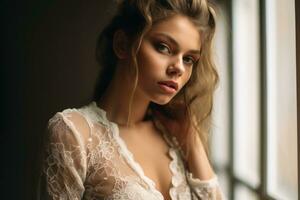 a beautiful young woman in a white lace dress generative ai photo