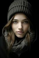 a beautiful young woman in a winter hat and scarf generative ai photo