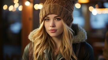 un hermosa joven mujer en un invierno sombrero generativo ai foto