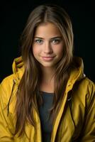un hermosa joven mujer en un amarillo chaqueta generativo ai foto
