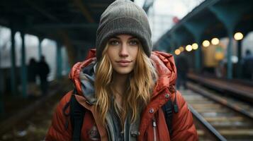 un hermosa joven mujer en un naranja chaqueta y gorro en pie en un tren plataforma generativo ai foto