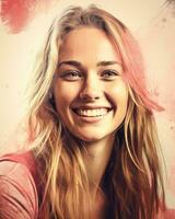 un hermosa joven mujer es sonriente en frente de un rosado antecedentes generativo ai foto