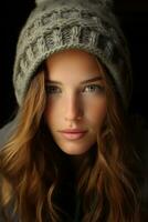 a beautiful young woman wearing a knitted hat generative ai photo