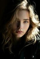 a beautiful young woman with blonde hair and blue eyes generative ai photo