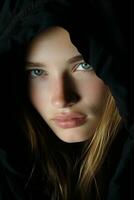 a beautiful young woman with blue eyes is wearing a black hood generative ai photo