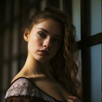 un hermosa joven mujer con largo Rizado pelo posando en frente de un ventana generativo ai foto