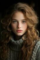 a beautiful young woman with long curly hair generative ai photo