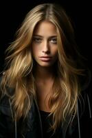 a beautiful young woman with long hair and a black jacket generative ai photo
