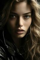 a beautiful young woman with long hair and a leather jacket generative ai photo