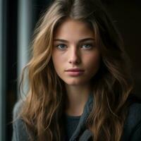 a beautiful young woman with long hair and blue eyes generative ai photo