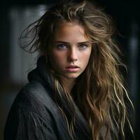 a beautiful young woman with long hair and blue eyes generative ai photo