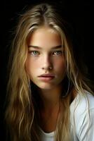 un hermosa joven mujer con largo pelo y azul ojos generativo ai foto