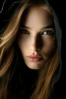 a beautiful young woman with long hair in a hood generative ai photo