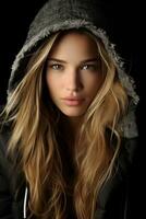 un hermosa joven mujer con largo pelo en un encapuchado chaqueta generativo ai foto