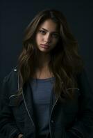 a beautiful young woman with long hair in a black jacket generative ai photo