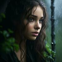 a beautiful young woman with long hair in the rain generative ai photo
