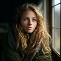 a beautiful young woman with long hair looking out the window generative ai photo