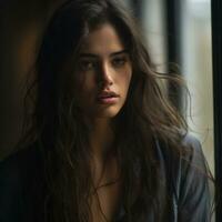 a beautiful young woman with long hair looking out the window generative ai photo