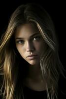 a beautiful young woman with long hair on a black background generative ai photo