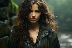 a beautiful young woman with long hair standing in the rain generative ai photo