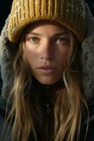 a beautiful young woman with long hair wearing a beanie generative ai photo