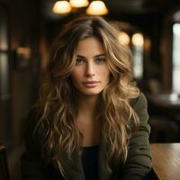 a beautiful young woman with long wavy hair sitting at a table generative ai photo