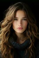 a beautiful young woman with long wavy hair generative ai photo