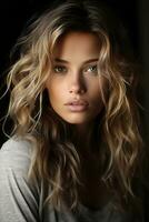 a beautiful young woman with long wavy hair generative ai photo