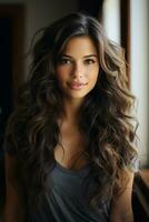 a beautiful young woman with long wavy hair generative ai photo